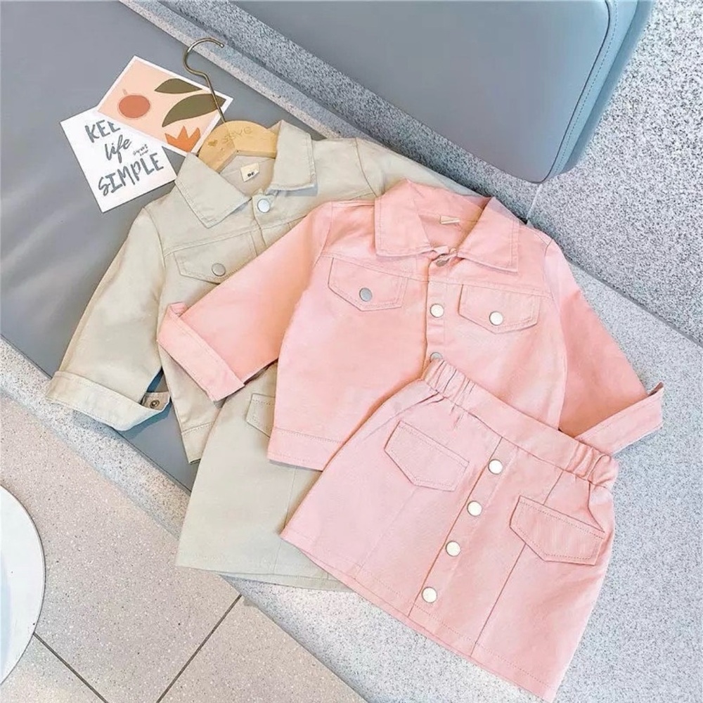 2 piece set: skirt & jacket. Available in pink & khaki.